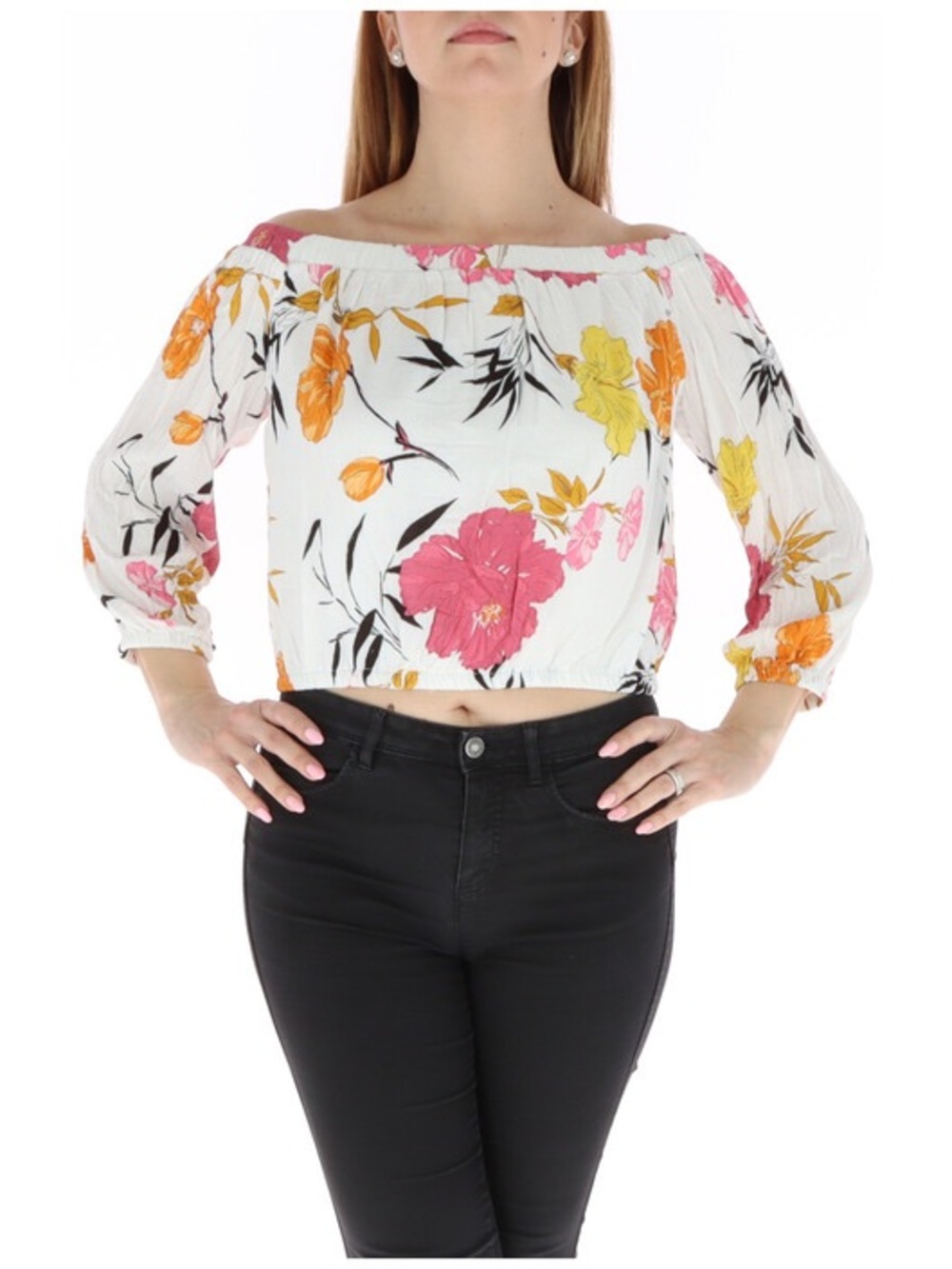 Off-Shoulder Floral Crop Top in White with Pink & Yellow Blooms
